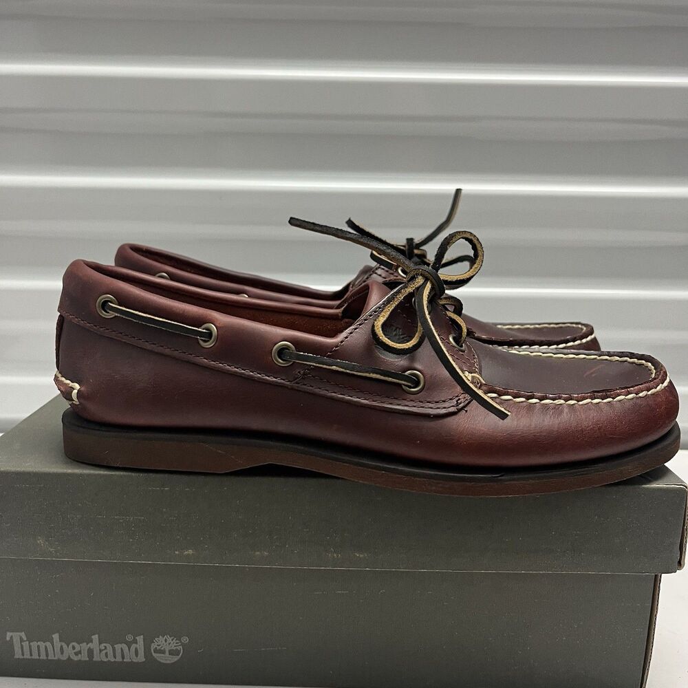TIMBERLAND MENS CLASSIC 2 EYE ROOT BEER SHOE BROWN FULL GRAIN BOAT SHOE SZ 8.5 M